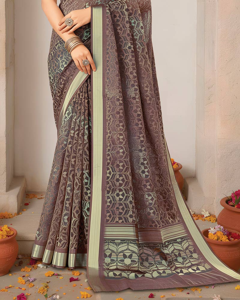Vishal Prints Purplish Brown Printed Shimmer Moss Digital Print Saree With Weaved Viscose Patta