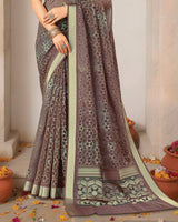 Vishal Prints Purplish Brown Printed Shimmer Moss Digital Print Saree With Weaved Viscose Patta