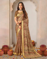 Vishal Prints Sandy Brown Printed Shimmer Moss Digital Print Saree With Weaved Viscose Patta