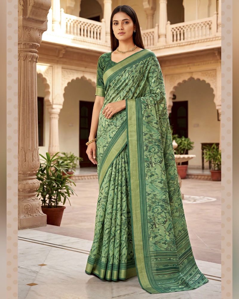 Vishal Prints Moss Green Printed Shimmer Moss Digital Print Saree With Weaved Viscose Patta