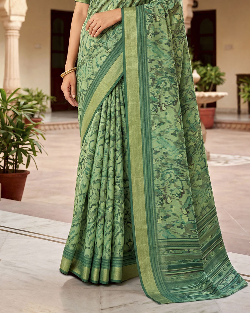 Vishal Prints Moss Green Printed Shimmer Moss Digital Print Saree With Weaved Viscose Patta