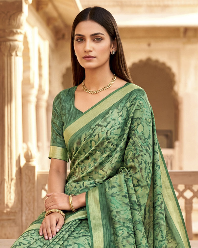 Vishal Prints Moss Green Printed Shimmer Moss Digital Print Saree With Weaved Viscose Patta