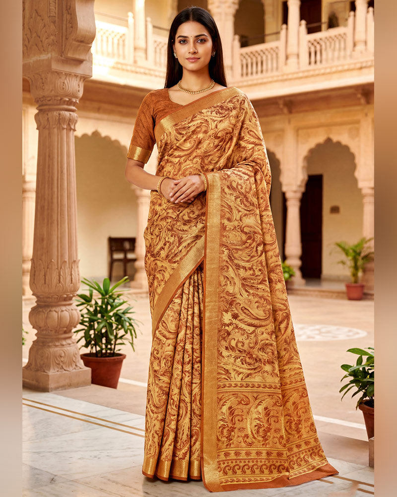 Vishal Prints Fiery Orange Printed Shimmer Moss Digital Print Saree With Weaved Viscose Patta