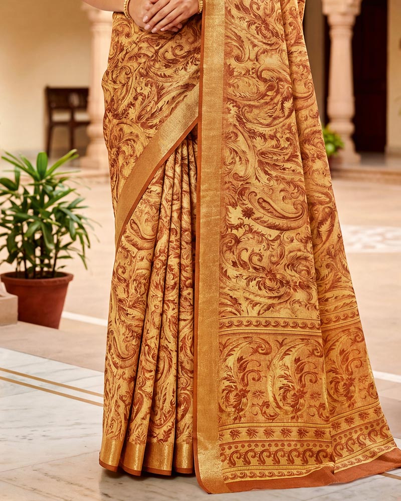 Vishal Prints Fiery Orange Printed Shimmer Moss Digital Print Saree With Weaved Viscose Patta