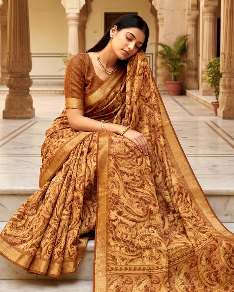 Vishal Prints Fiery Orange Printed Shimmer Moss Digital Print Saree With Weaved Viscose Patta