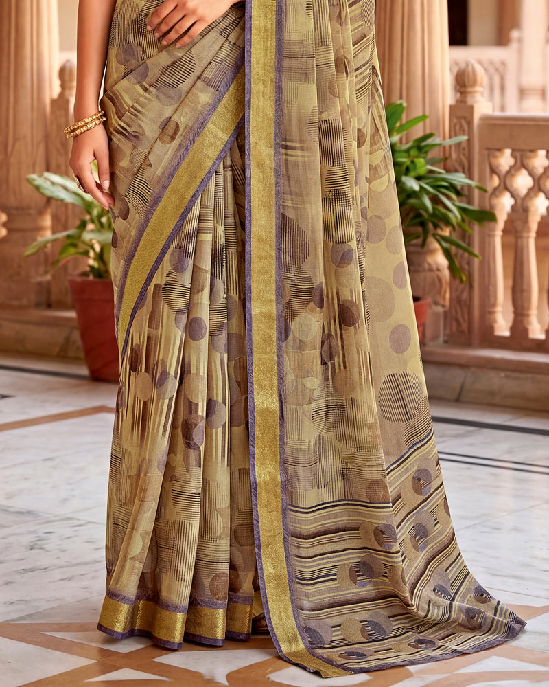 Vishal Prints Sandy Brown Printed Shimmer Moss Digital Print Saree With Weaved Viscose Patta