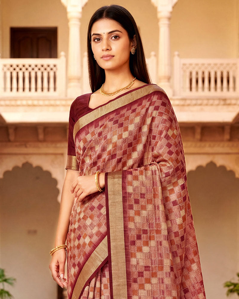 Vishal Prints Oriental Pink Printed Shimmer Moss Digital Print Saree With Weaved Viscose Patta