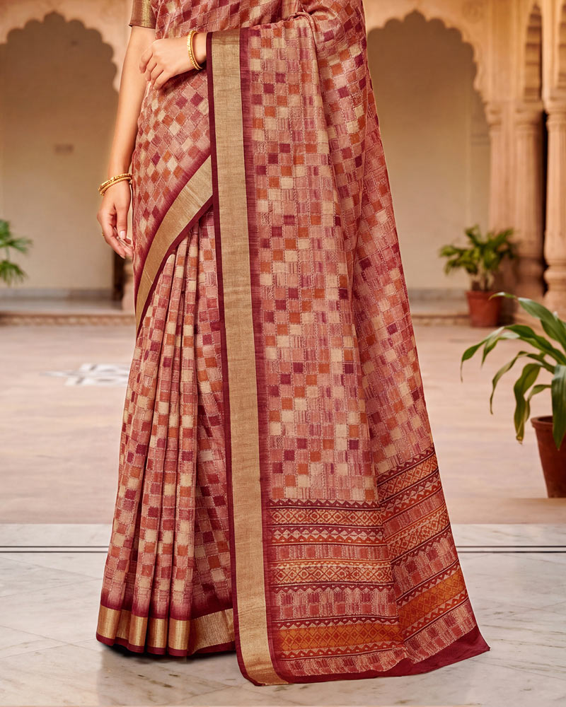 Vishal Prints Oriental Pink Printed Shimmer Moss Digital Print Saree With Weaved Viscose Patta