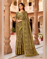 Vishal Prints Greenish Beige Printed Shimmer Moss Digital Print Saree With Weaved Viscose Patta