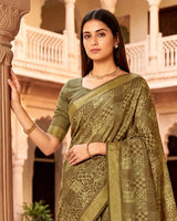 Vishal Prints Greenish Beige Printed Shimmer Moss Digital Print Saree With Weaved Viscose Patta