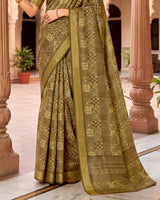 Vishal Prints Greenish Beige Printed Shimmer Moss Digital Print Saree With Weaved Viscose Patta