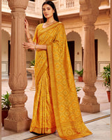 Vishal Prints Yellowish Orange Printed Shimmer Moss Digital Print Saree With Weaved Viscose Patta