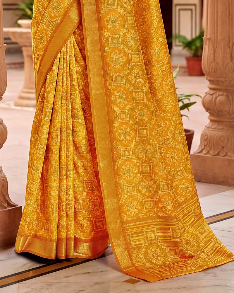 Vishal Prints Yellowish Orange Printed Shimmer Moss Digital Print Saree With Weaved Viscose Patta