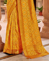 Vishal Prints Yellowish Orange Printed Shimmer Moss Digital Print Saree With Weaved Viscose Patta
