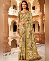 Vishal Prints Greenish Beige Printed Shimmer Moss Digital Print Saree With Weaved Viscose Patta