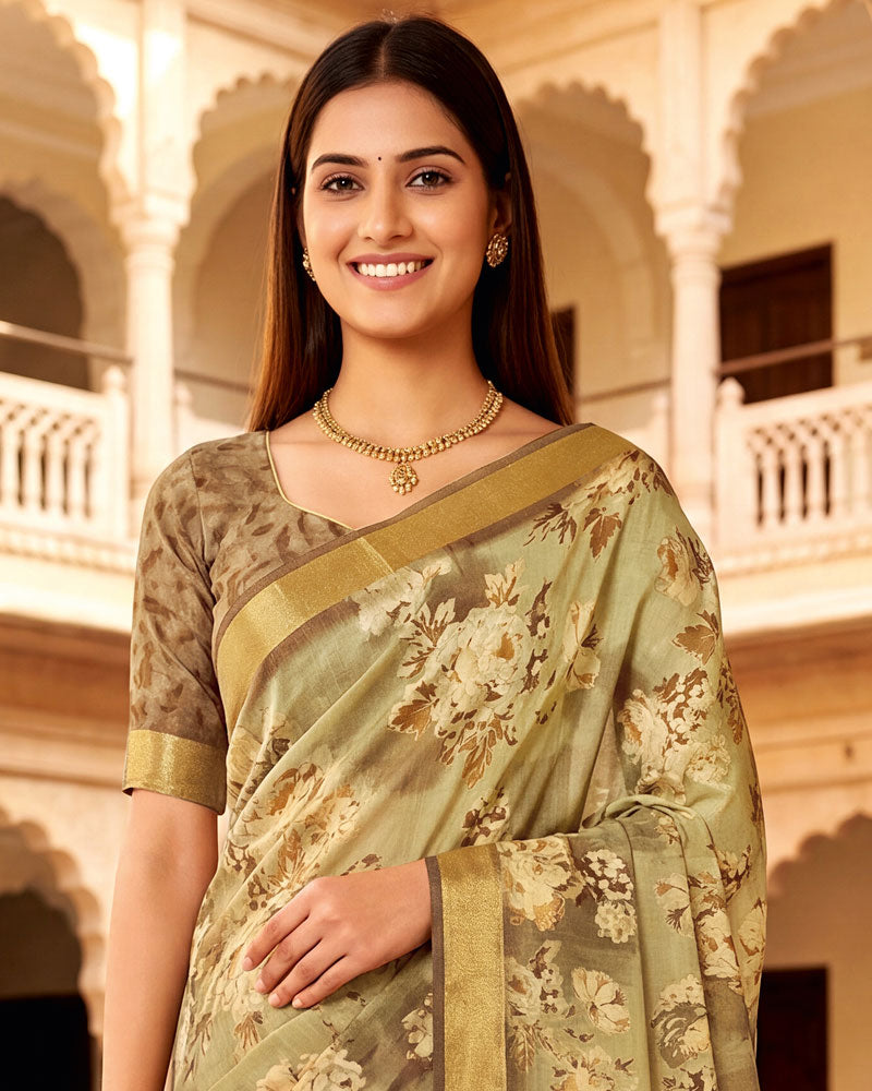 Vishal Prints Greenish Beige Printed Shimmer Moss Digital Print Saree With Weaved Viscose Patta