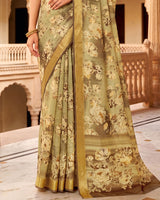 Vishal Prints Greenish Beige Printed Shimmer Moss Digital Print Saree With Weaved Viscose Patta