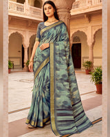 Vishal Prints Greyish Green Printed Shimmer Moss Digital Print Saree With Weaved Viscose Patta