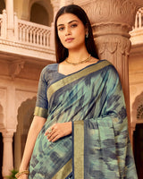 Vishal Prints Greyish Green Printed Shimmer Moss Digital Print Saree With Weaved Viscose Patta
