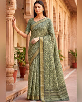 Vishal Prints Greenish Grey Printed Shimmer Moss Digital Print Saree With Weaved Viscose Patta