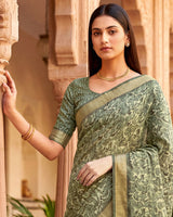 Vishal Prints Greenish Grey Printed Shimmer Moss Digital Print Saree With Weaved Viscose Patta
