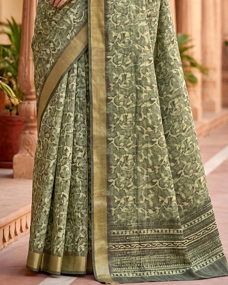 Vishal Prints Greenish Grey Printed Shimmer Moss Digital Print Saree With Weaved Viscose Patta