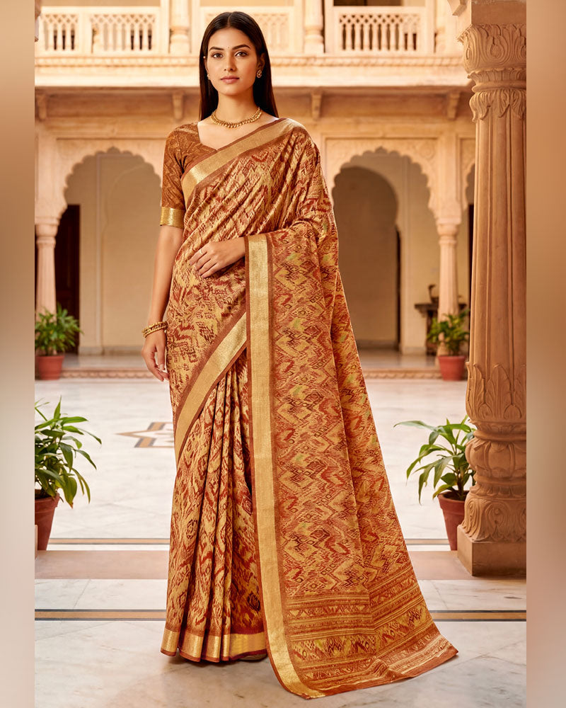 Vishal Prints Rusty Orange Printed Shimmer Moss Digital Print Saree With Weaved Viscose Patta