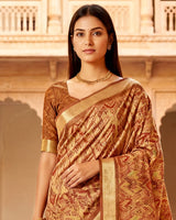 Vishal Prints Rusty Orange Printed Shimmer Moss Digital Print Saree With Weaved Viscose Patta