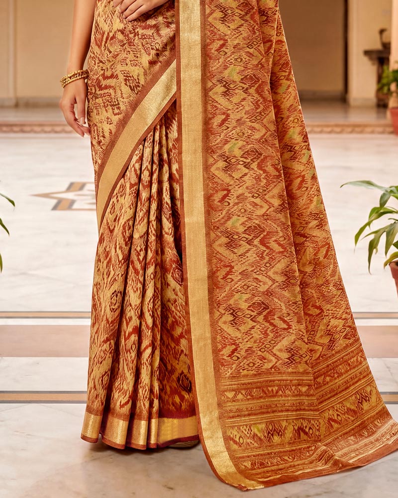 Vishal Prints Rusty Orange Printed Shimmer Moss Digital Print Saree With Weaved Viscose Patta