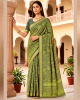 Vishal Prints Avocado Green Printed Shimmer Moss Digital Print Saree With Weaved Viscose Patta