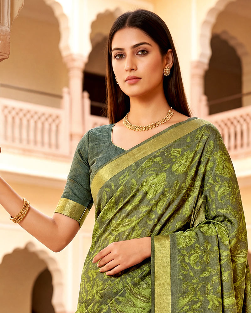 Vishal Prints Avocado Green Printed Shimmer Moss Digital Print Saree With Weaved Viscose Patta
