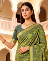 Vishal Prints Avocado Green Printed Shimmer Moss Digital Print Saree With Weaved Viscose Patta