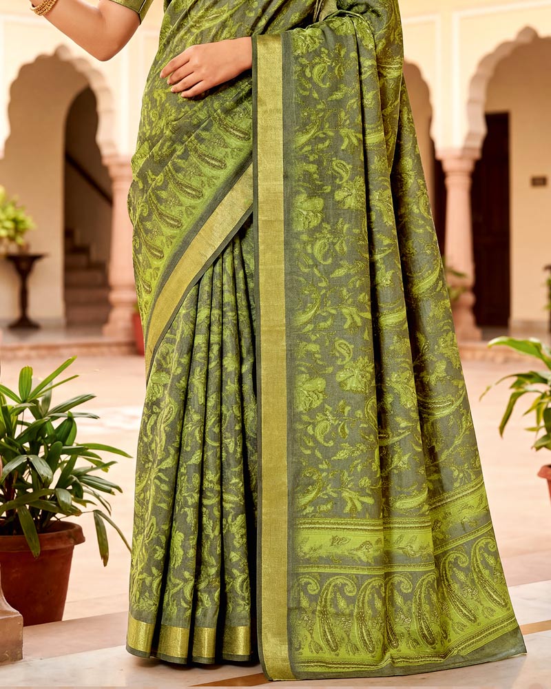 Vishal Prints Avocado Green Printed Shimmer Moss Digital Print Saree With Weaved Viscose Patta