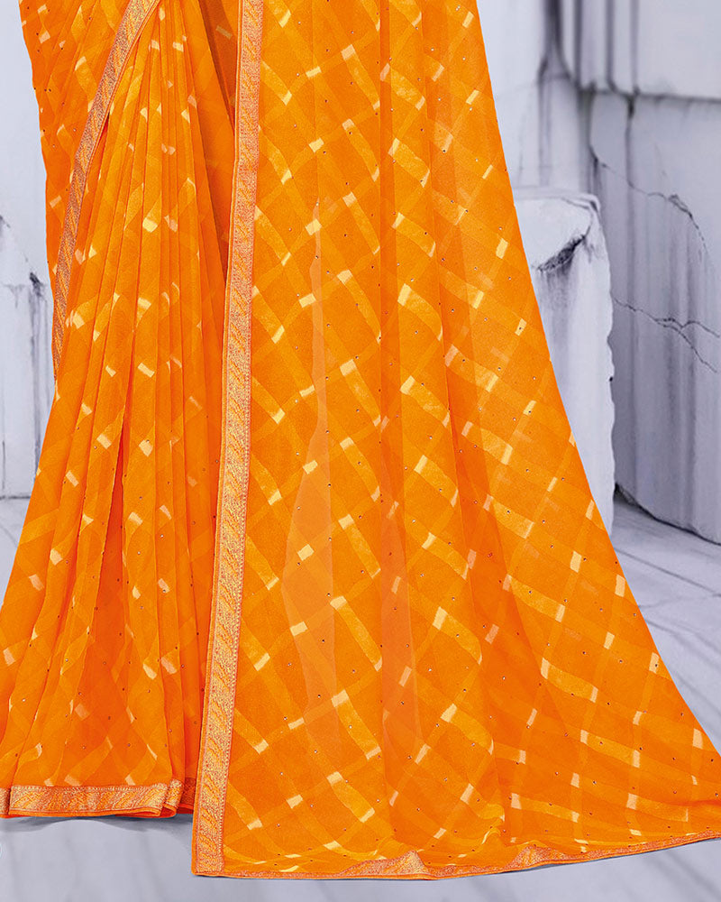 Vishal Prints Yellowish Orange Printed Georgette Saree With Diamond Work And Zari Border