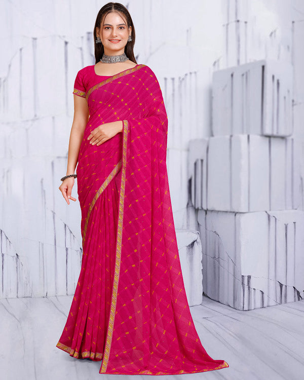 Vishal Prints Red Pink Printed Georgette Saree With Diamond Work And Zari Border