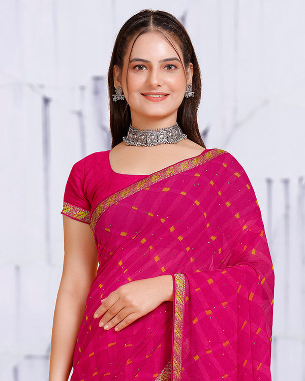 Vishal Prints Red Pink Printed Georgette Saree With Diamond Work And Zari Border