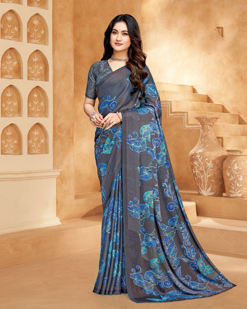 Vishal Prints Shuttle Grey Digital Print Criva-Brasso Saree