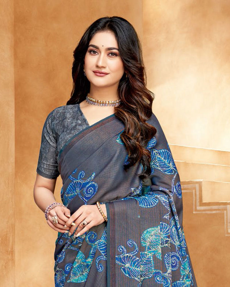 Vishal Prints Shuttle Grey Digital Print Criva-Brasso Saree