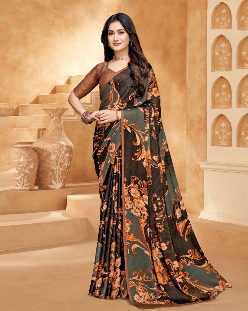 Vishal Prints Grey And Coffee Brown Digital Print Criva-Brasso Saree