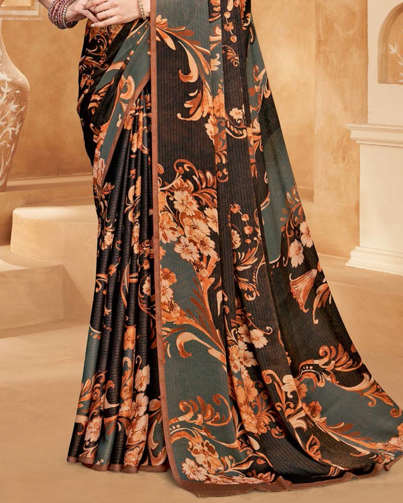 Vishal Prints Grey And Coffee Brown Digital Print Criva-Brasso Saree