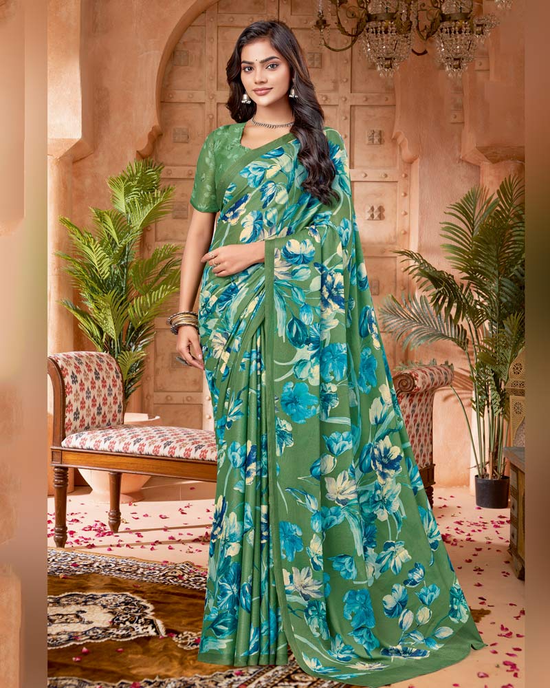 Vishal Prints Moss Green Digital Print Criva-Brasso Saree