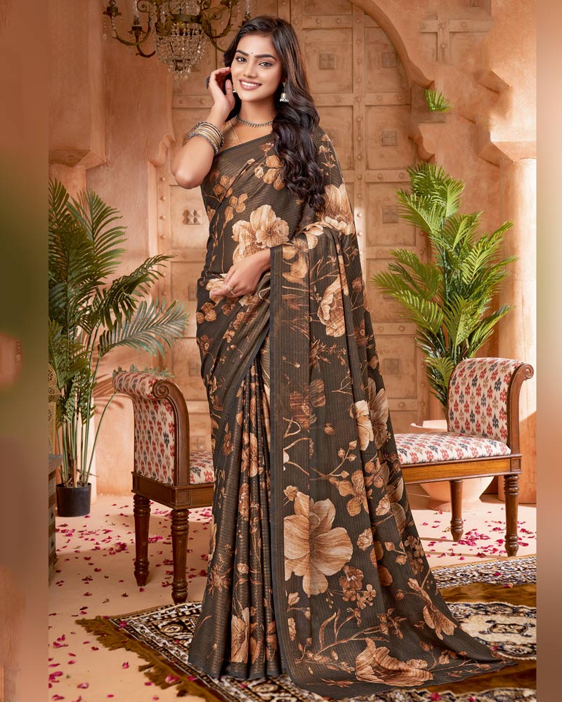 Vishal Prints Deep Coffee Brown Digital Print Criva-Brasso Saree