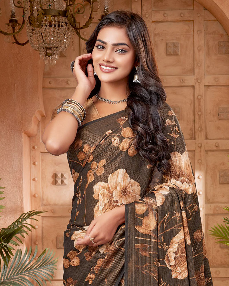 Vishal Prints Deep Coffee Brown Digital Print Criva-Brasso Saree