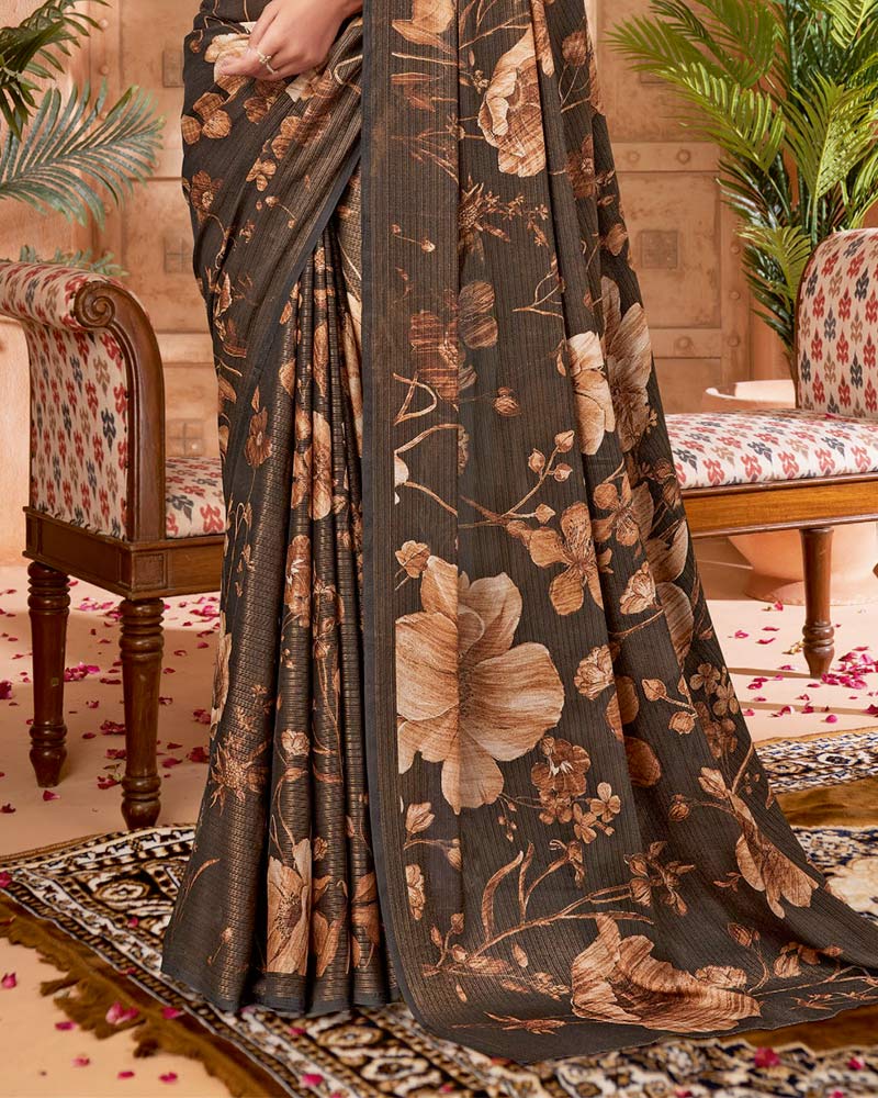 Vishal Prints Deep Coffee Brown Digital Print Criva-Brasso Saree