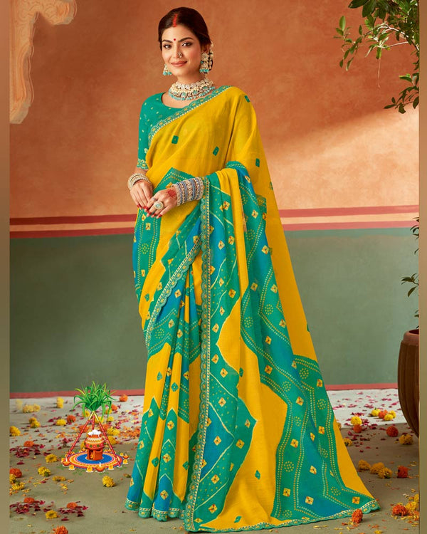 Vishal Prints Dark Yellow Printed Chiffon Saree With Fancy Cut Work Embroidery Border