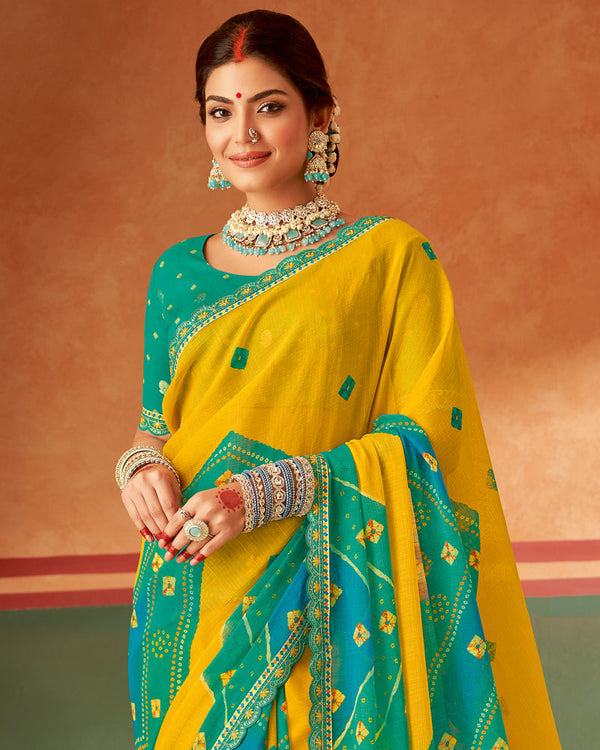 Vishal Prints Dark Yellow Printed Chiffon Saree With Fancy Cut Work Embroidery Border