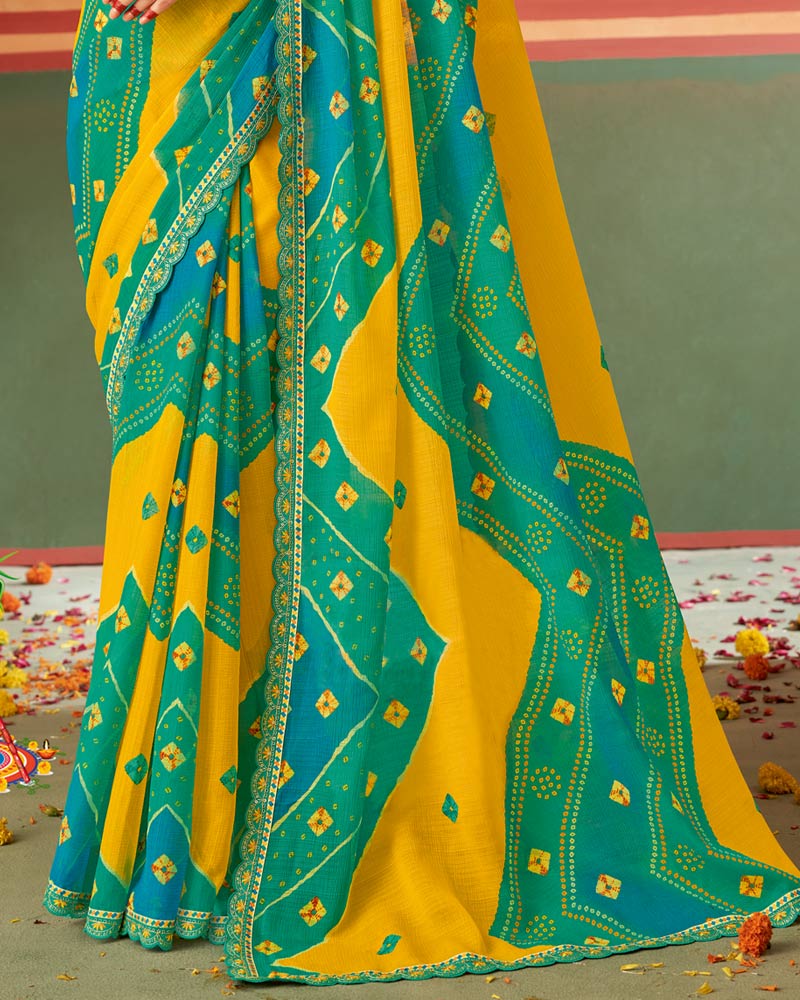 Vishal Prints Dark Yellow Printed Chiffon Saree With Fancy Cut Work Embroidery Border