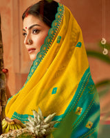 Vishal Prints Dark Yellow Printed Chiffon Saree With Fancy Cut Work Embroidery Border