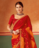 Vishal Prints Cherry Red Printed Chiffon Saree With Fancy Cut Work Embroidery Border