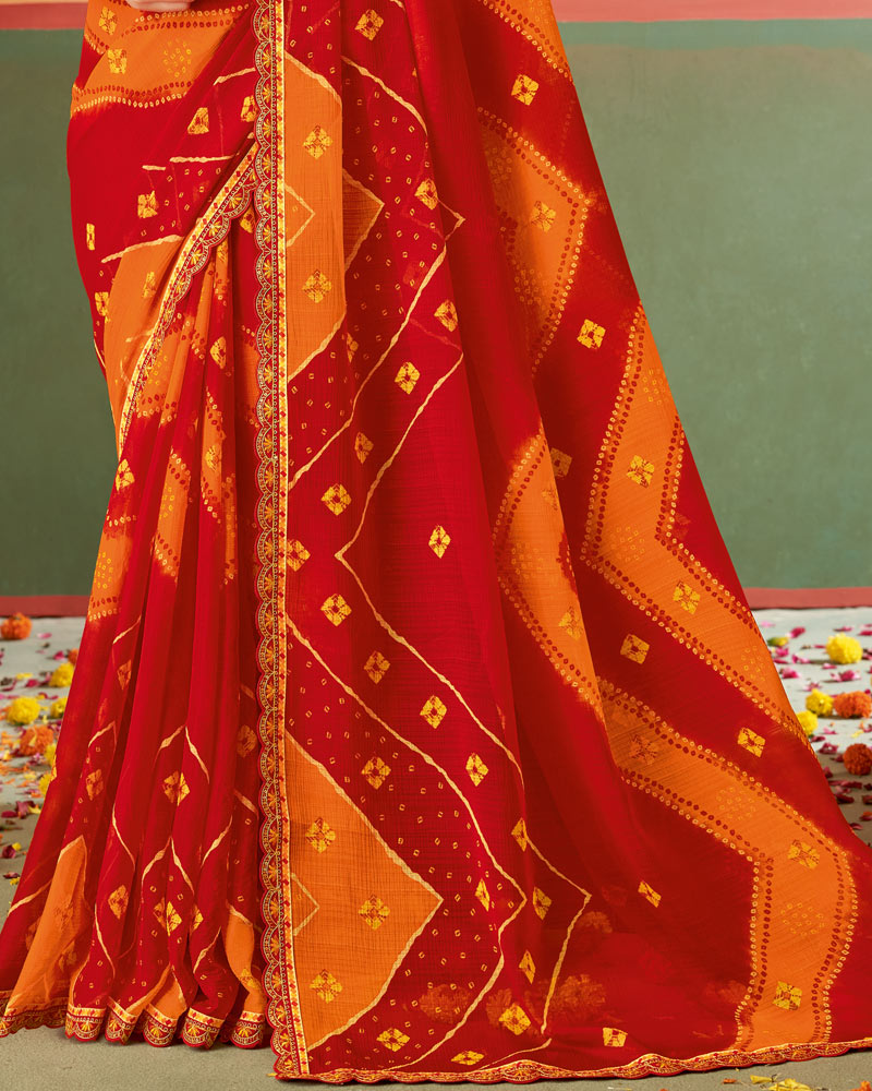Vishal Prints Cherry Red Printed Chiffon Saree With Fancy Cut Work Embroidery Border